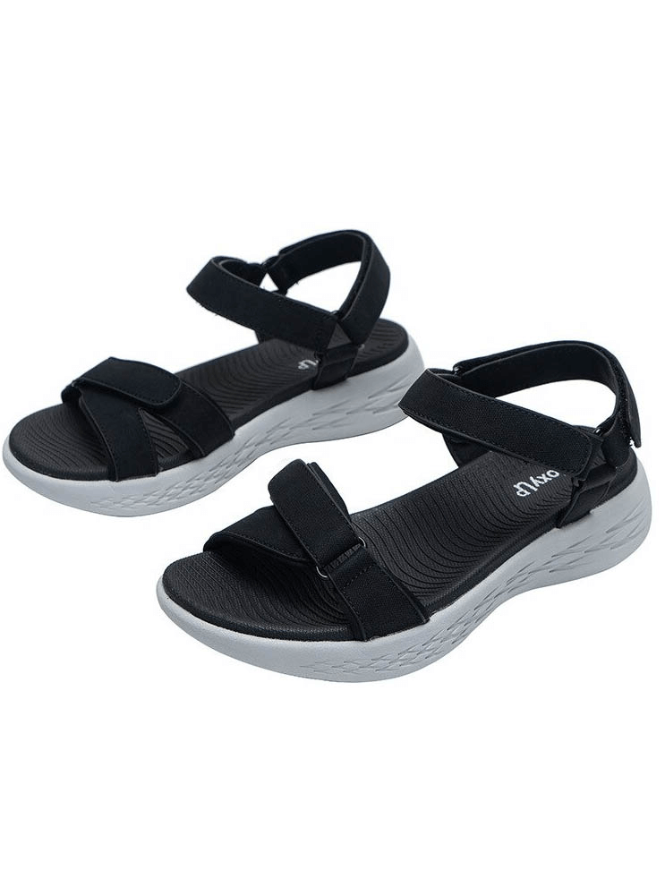 Soft sole wedge open sandals in black for women with breathable mesh and hook & loop closure, perfect for active sports.